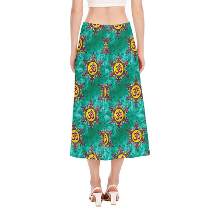 Boho Om Sign Pattern Print Side Slit Midi Skirt