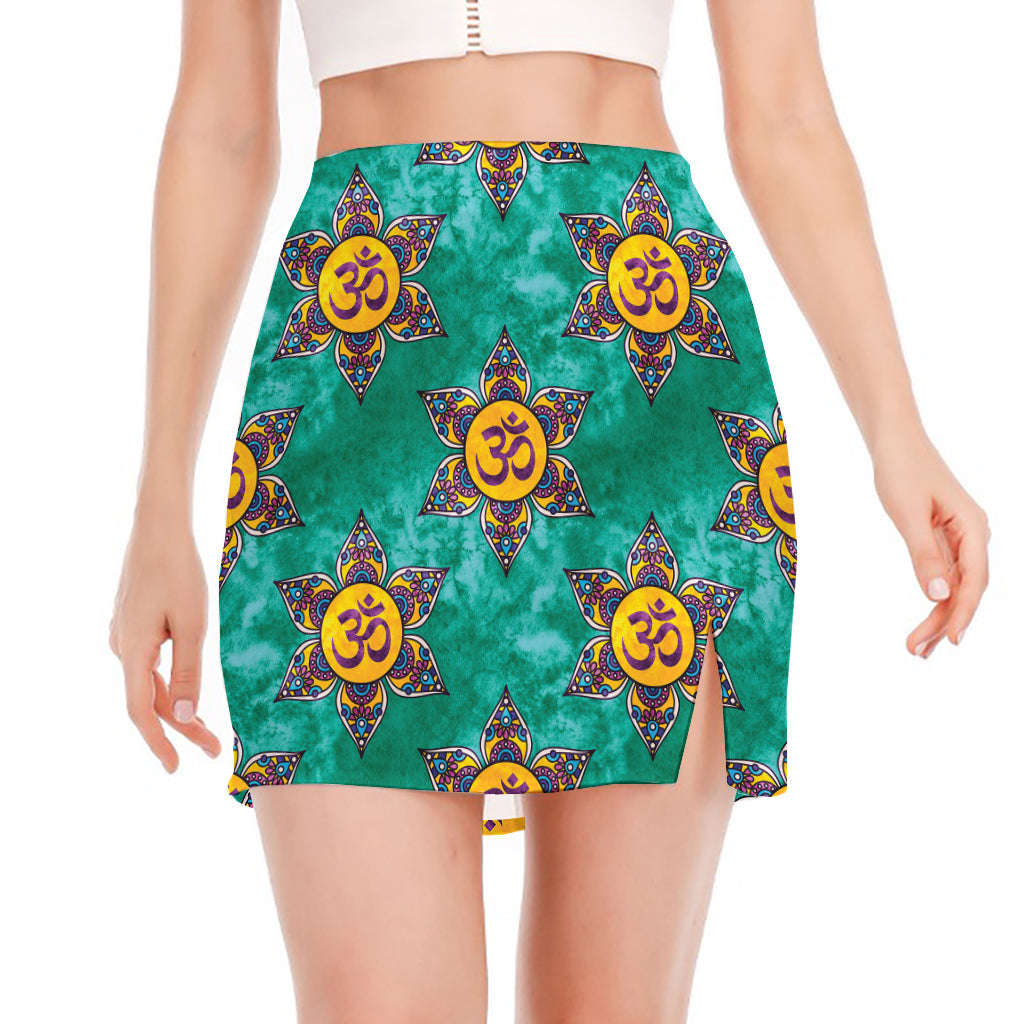 Boho Om Sign Pattern Print Side Slit Mini Skirt