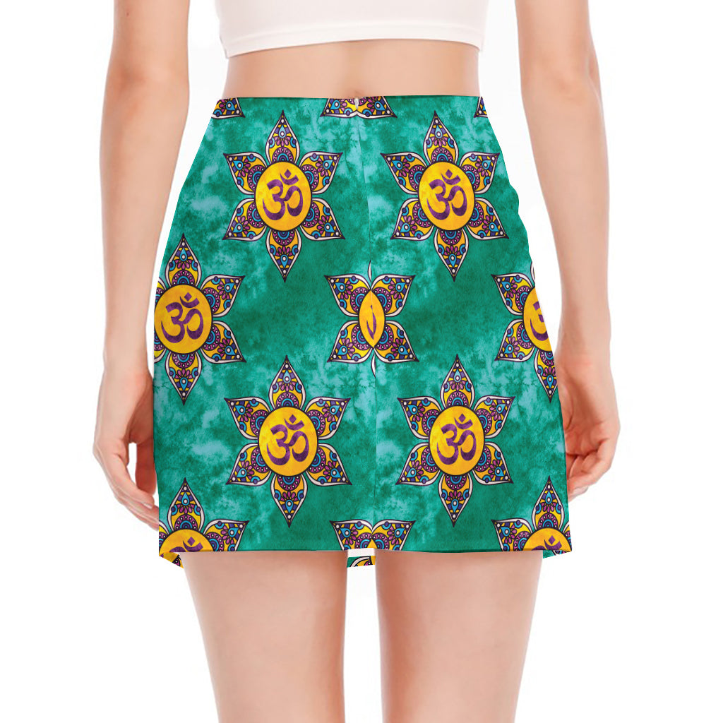 Boho Om Sign Pattern Print Side Slit Mini Skirt