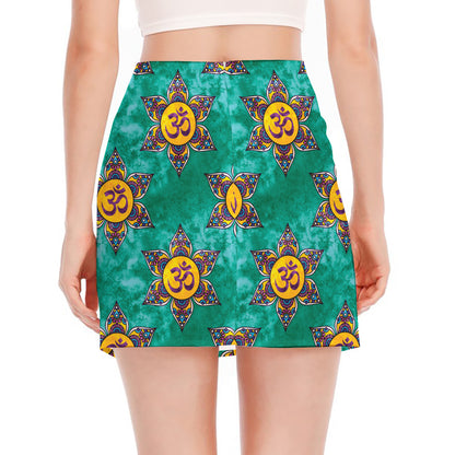 Boho Om Sign Pattern Print Side Slit Mini Skirt