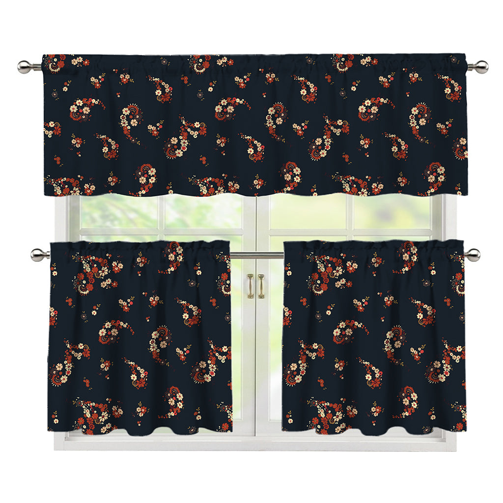 Boho Paisley Flower Pattern Print 3 Piece Kitchen Curtains