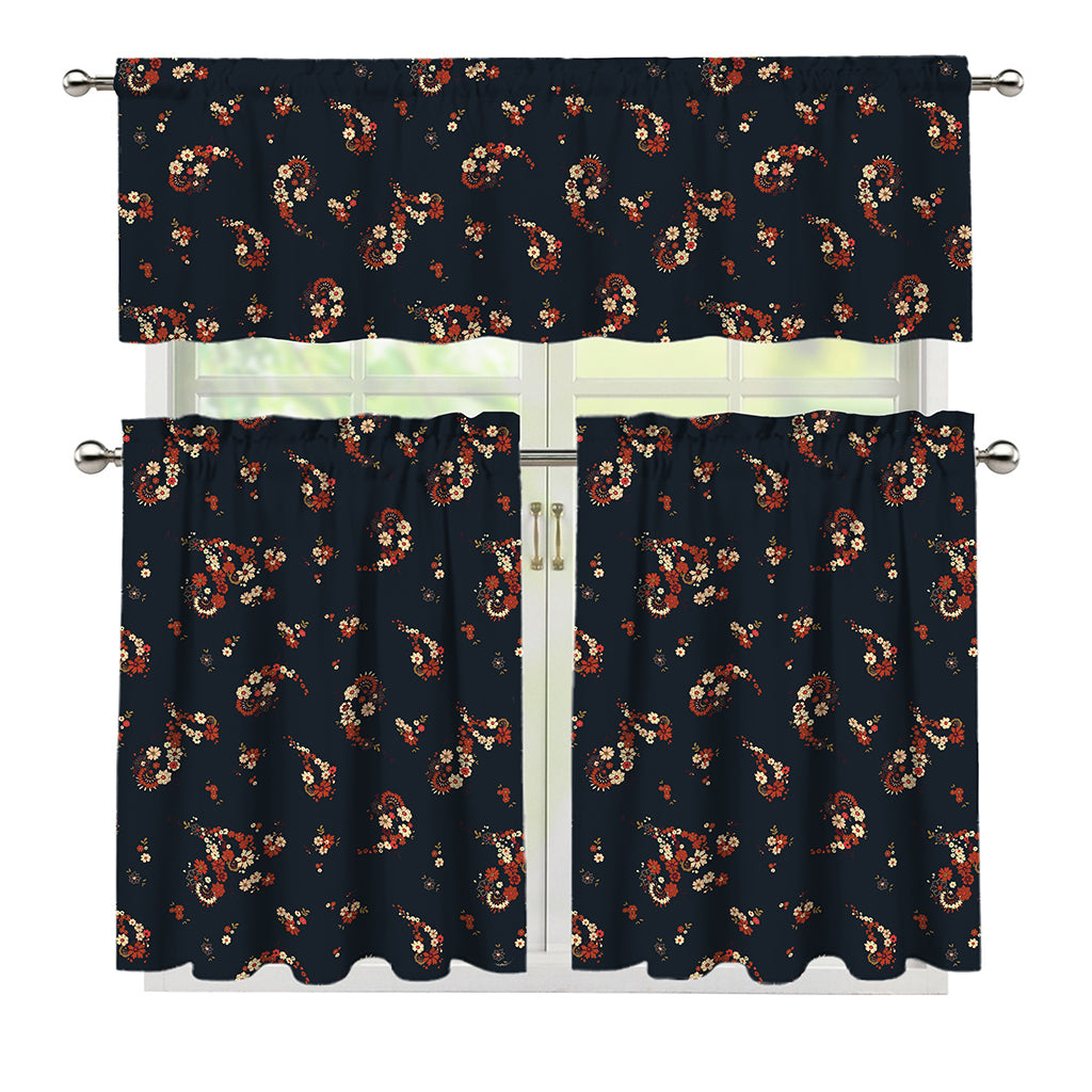 Boho Paisley Flower Pattern Print 3 Piece Kitchen Curtains