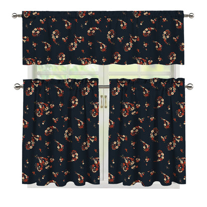 Boho Paisley Flower Pattern Print 3 Piece Kitchen Curtains