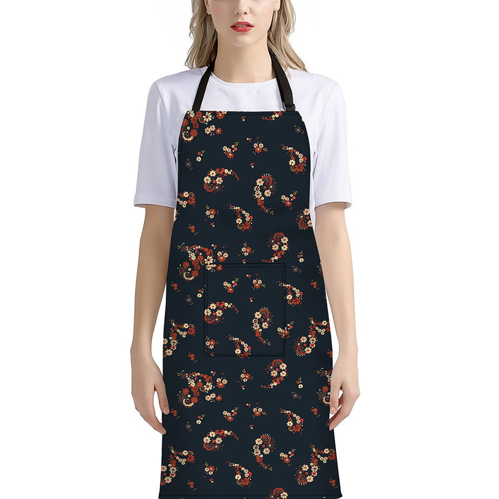 Boho Paisley Flower Pattern Print Bib Apron With Pocket