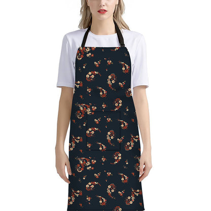 Boho Paisley Flower Pattern Print Bib Apron With Pocket