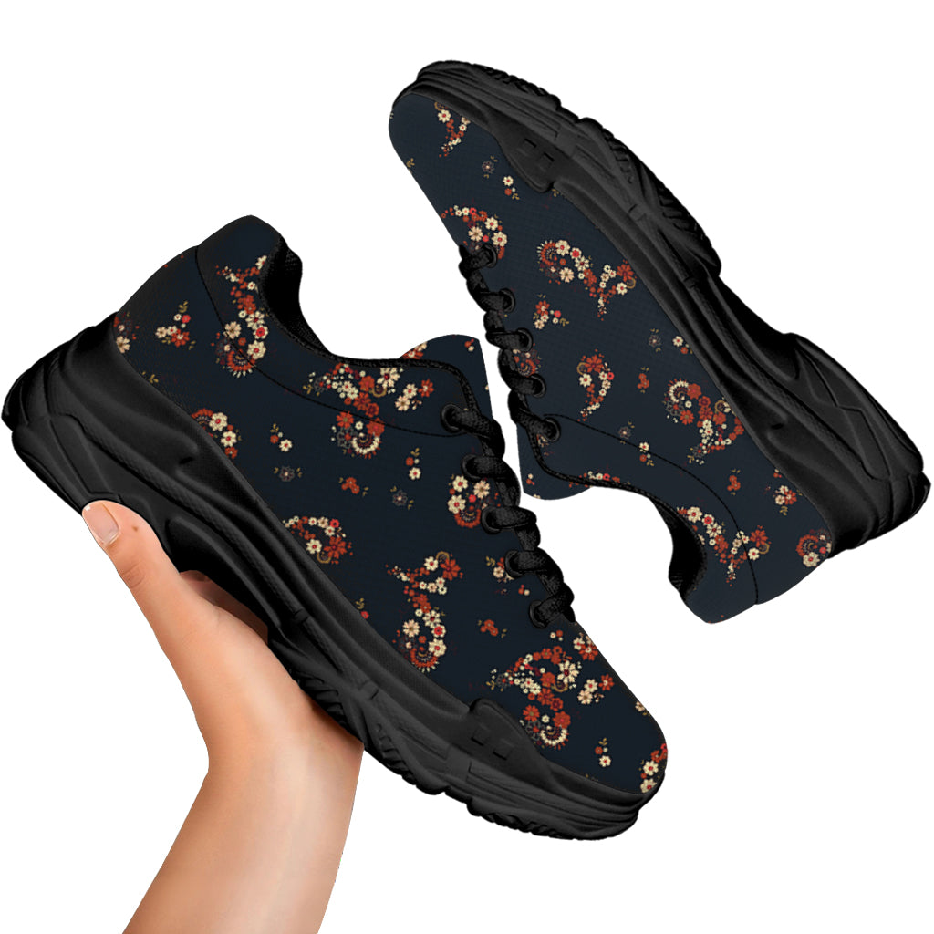 Boho Paisley Flower Pattern Print Black Chunky Shoes
