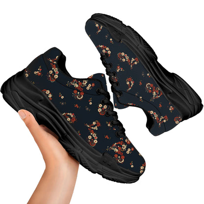 Boho Paisley Flower Pattern Print Black Chunky Shoes