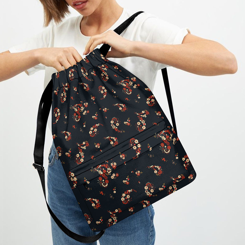 Boho Paisley Flower Pattern Print Drawstring Backpack