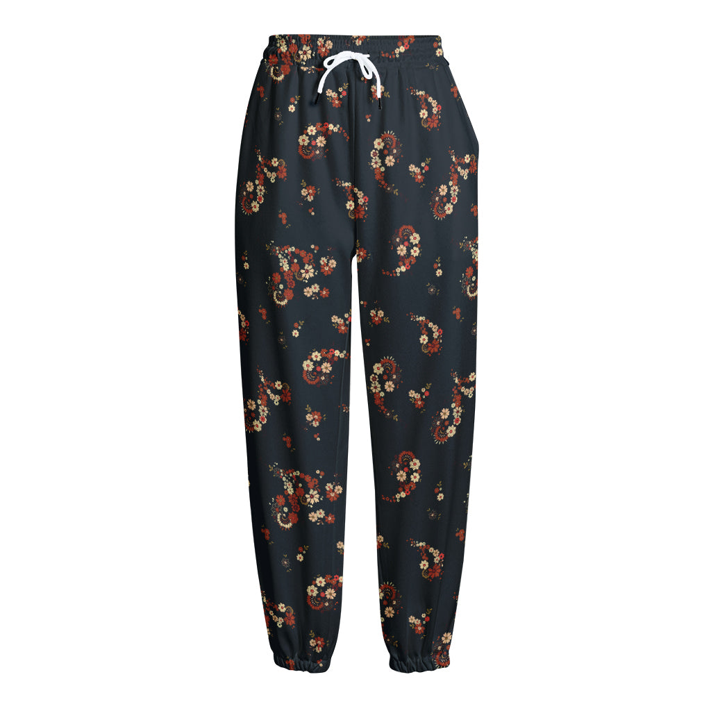Boho Paisley Flower Pattern Print Fleece Lined Knit Pants