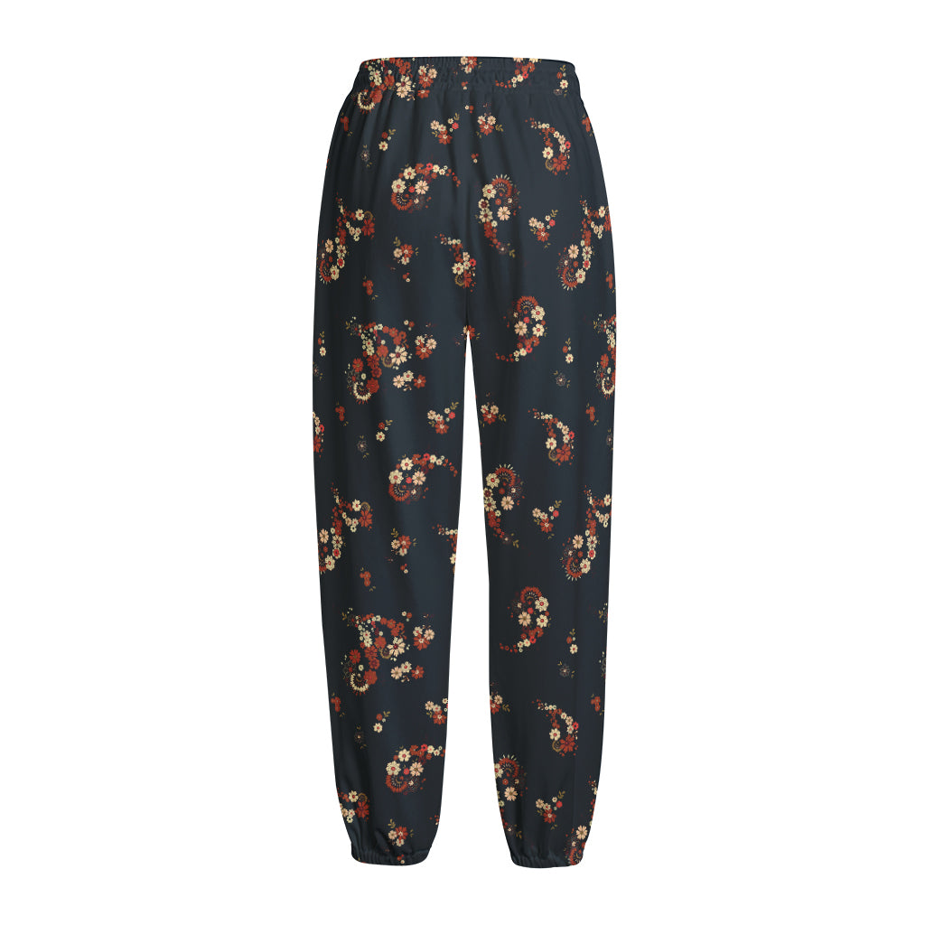 Boho Paisley Flower Pattern Print Fleece Lined Knit Pants