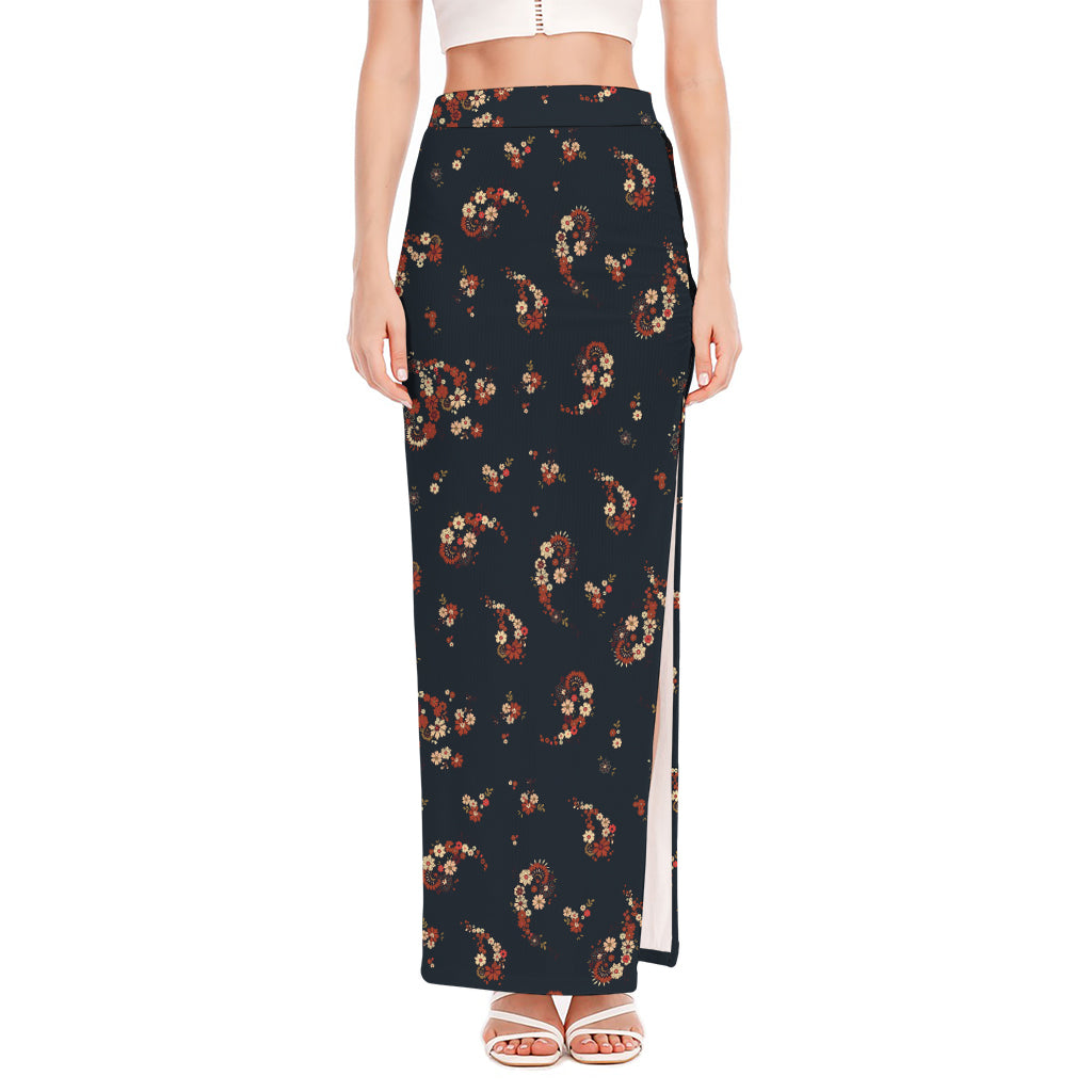 Boho Paisley Flower Pattern Print High Slit Maxi Skirt