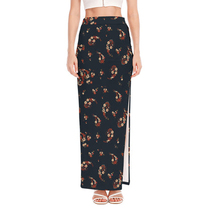 Boho Paisley Flower Pattern Print High Slit Maxi Skirt