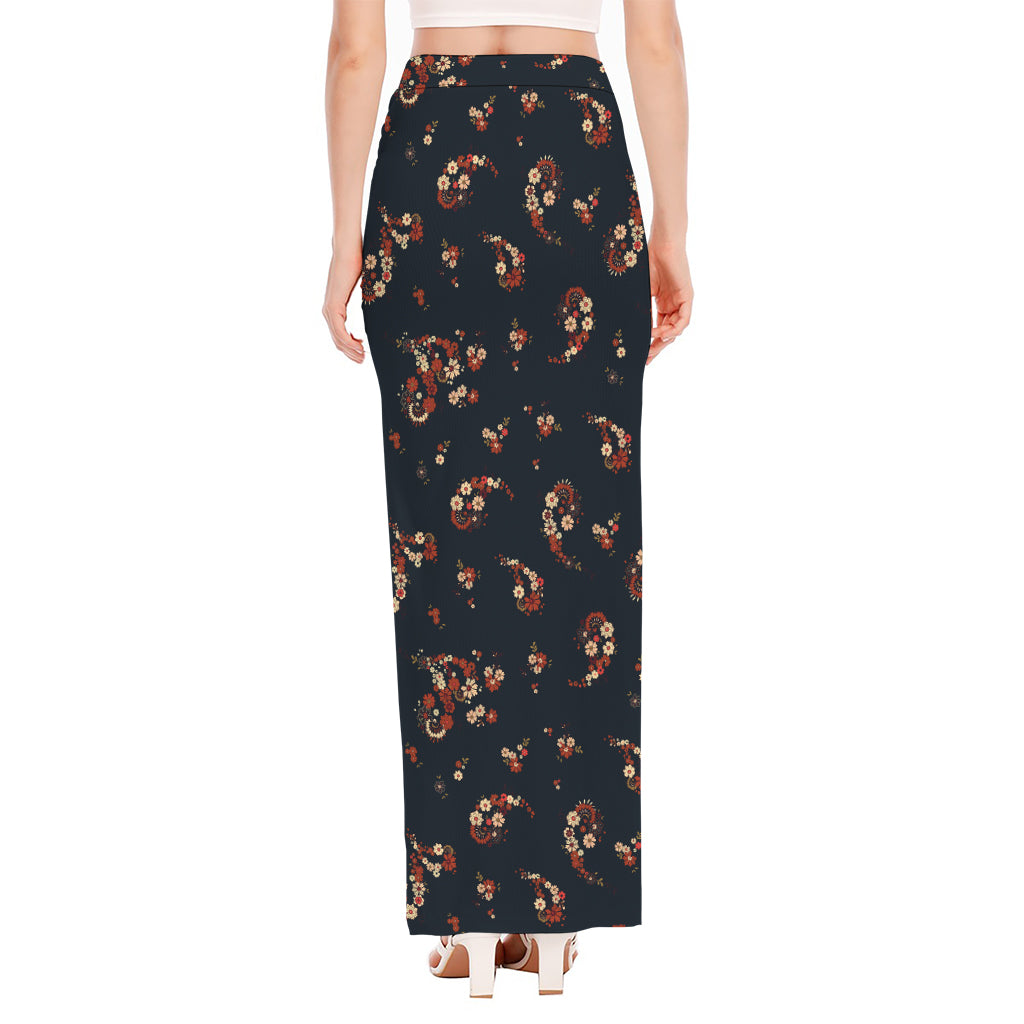 Boho Paisley Flower Pattern Print High Slit Maxi Skirt