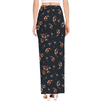 Boho Paisley Flower Pattern Print High Slit Maxi Skirt