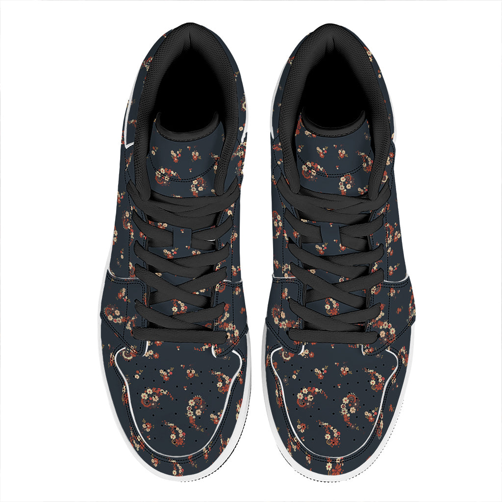 Boho Paisley Flower Pattern Print High Top Leather Sneakers