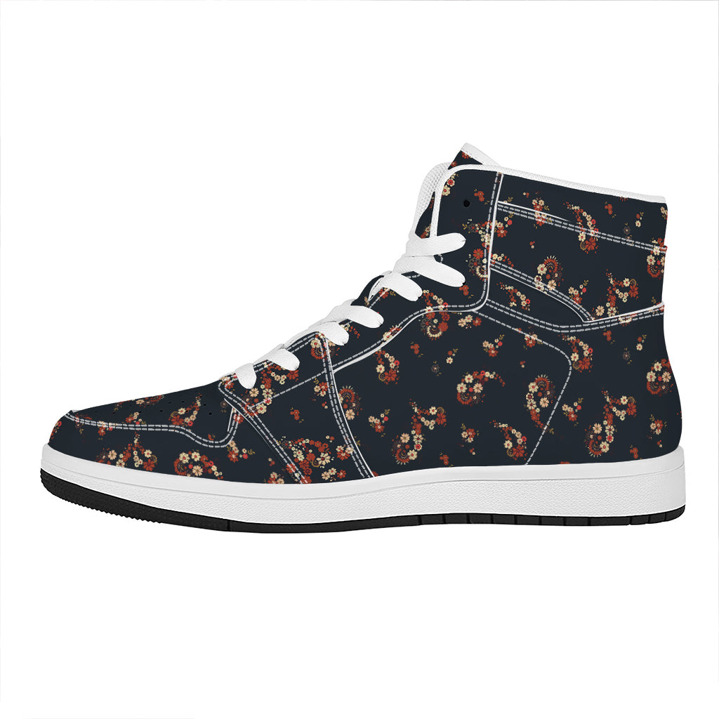 Boho Paisley Flower Pattern Print High Top Leather Sneakers