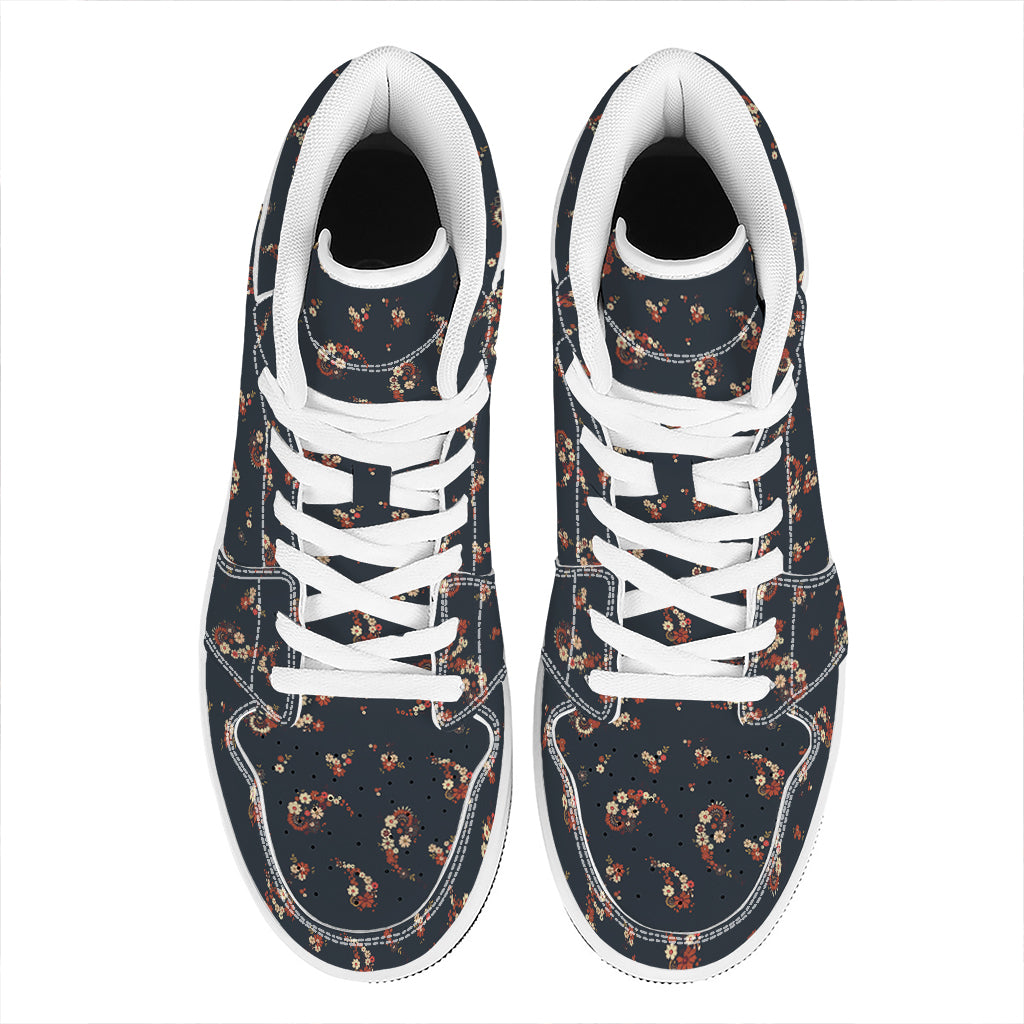 Boho Paisley Flower Pattern Print High Top Leather Sneakers