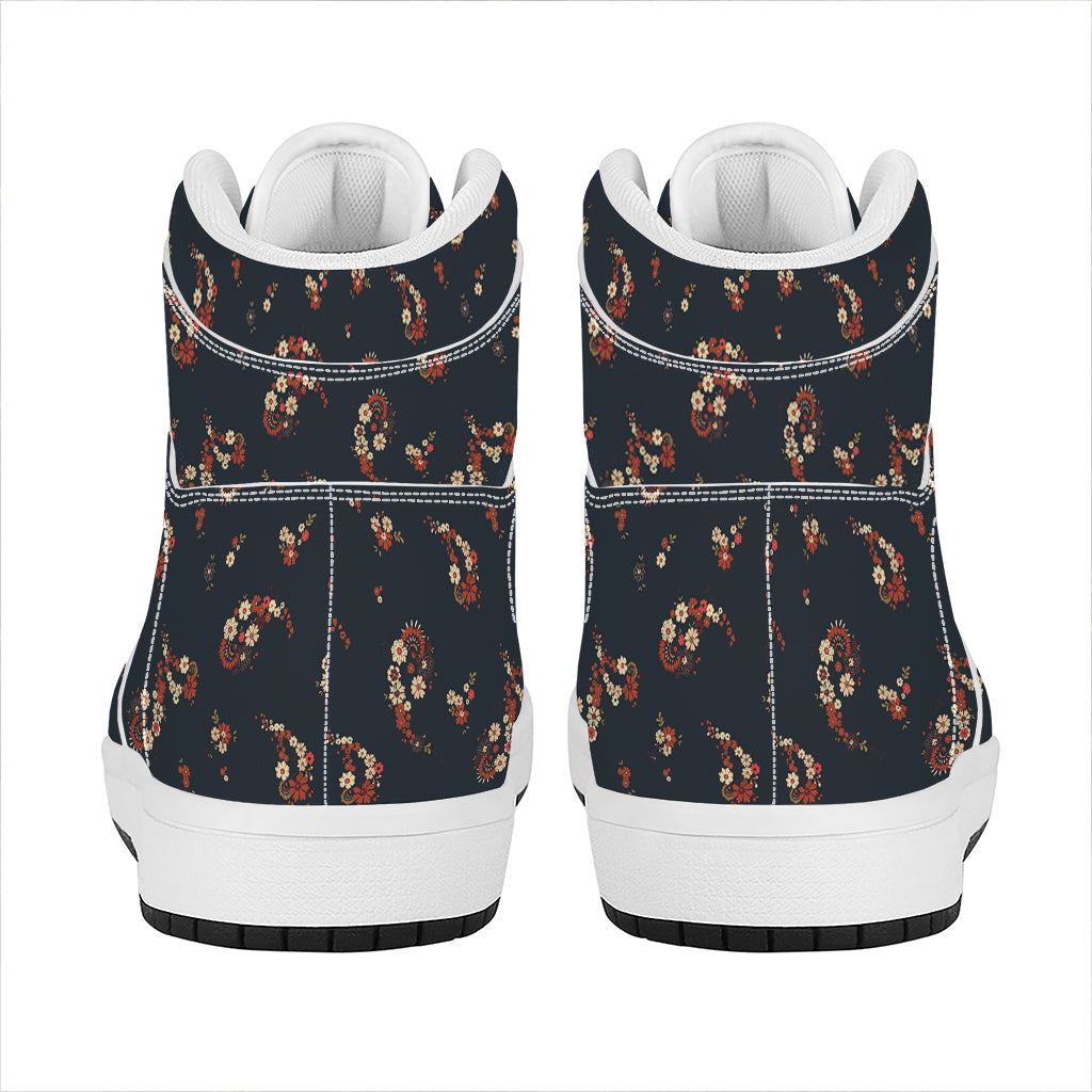 Boho Paisley Flower Pattern Print High Top Leather Sneakers