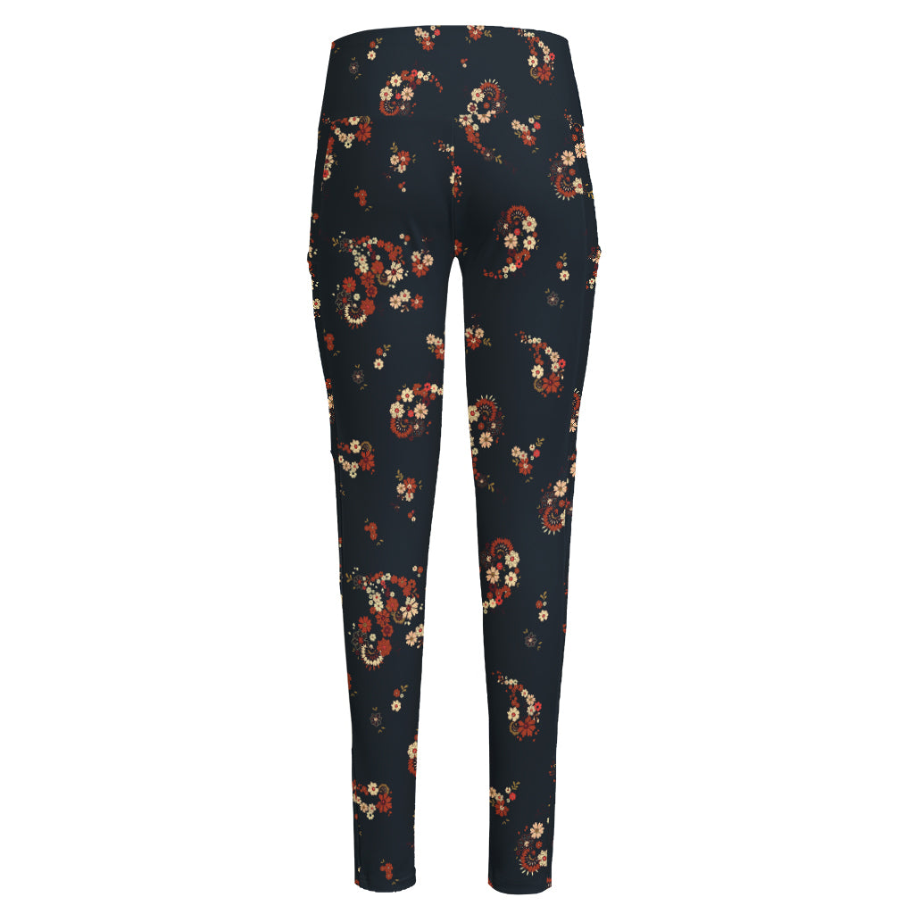Boho Paisley Flower Pattern Print High-Waisted Pocket Leggings