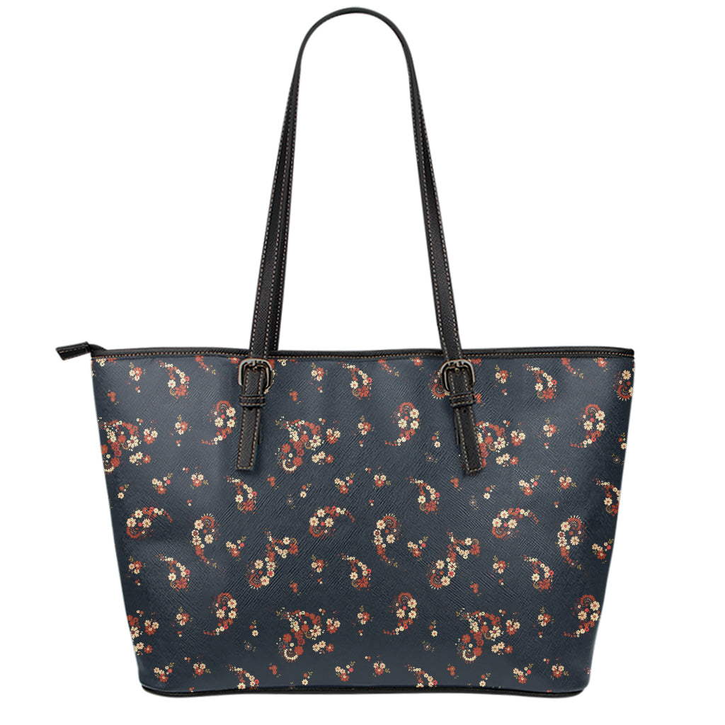 Boho Paisley Flower Pattern Print Leather Tote Bag
