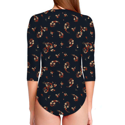 Boho Paisley Flower Pattern Print Long Sleeve Swimsuit