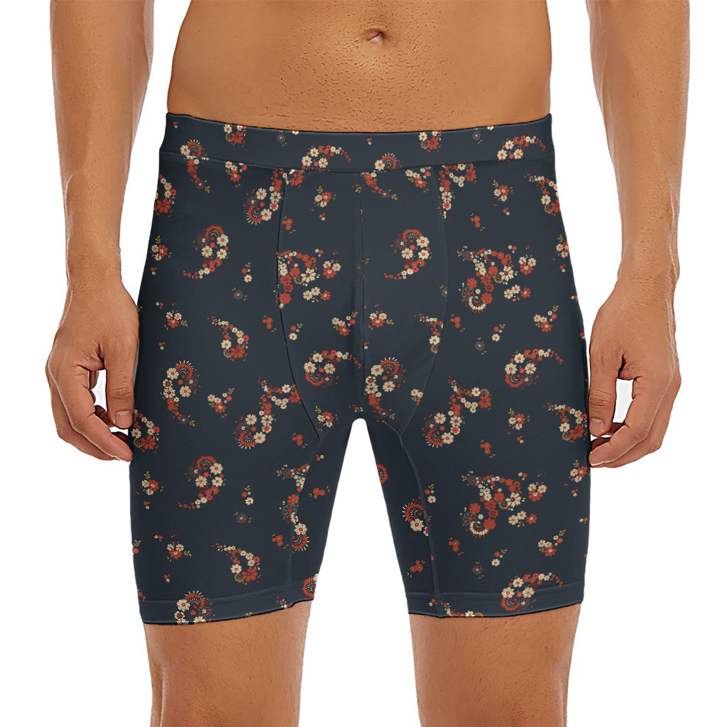 Boho Paisley Flower Pattern Print Men's Long Boxer Briefs