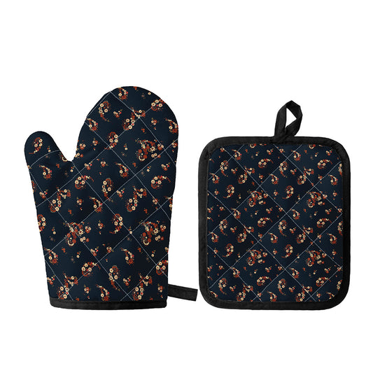 Boho Paisley Flower Pattern Print Oven Mitt And Pot Holder Set