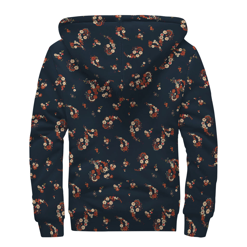 Boho Paisley Flower Pattern Print Sherpa Lined Zip Up Hoodie