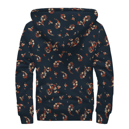 Boho Paisley Flower Pattern Print Sherpa Lined Zip Up Hoodie
