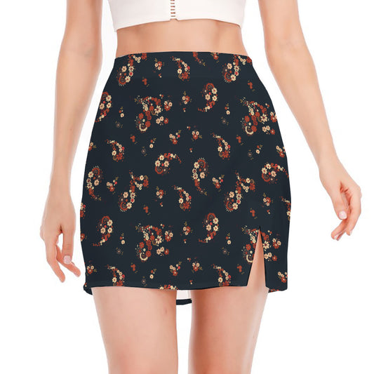 Boho Paisley Flower Pattern Print Side Slit Mini Skirt