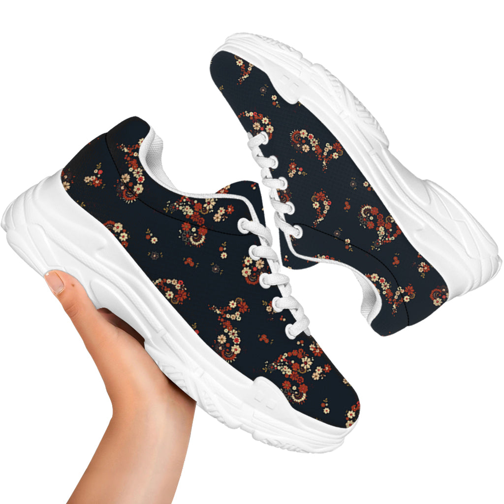 Boho Paisley Flower Pattern Print White Chunky Shoes