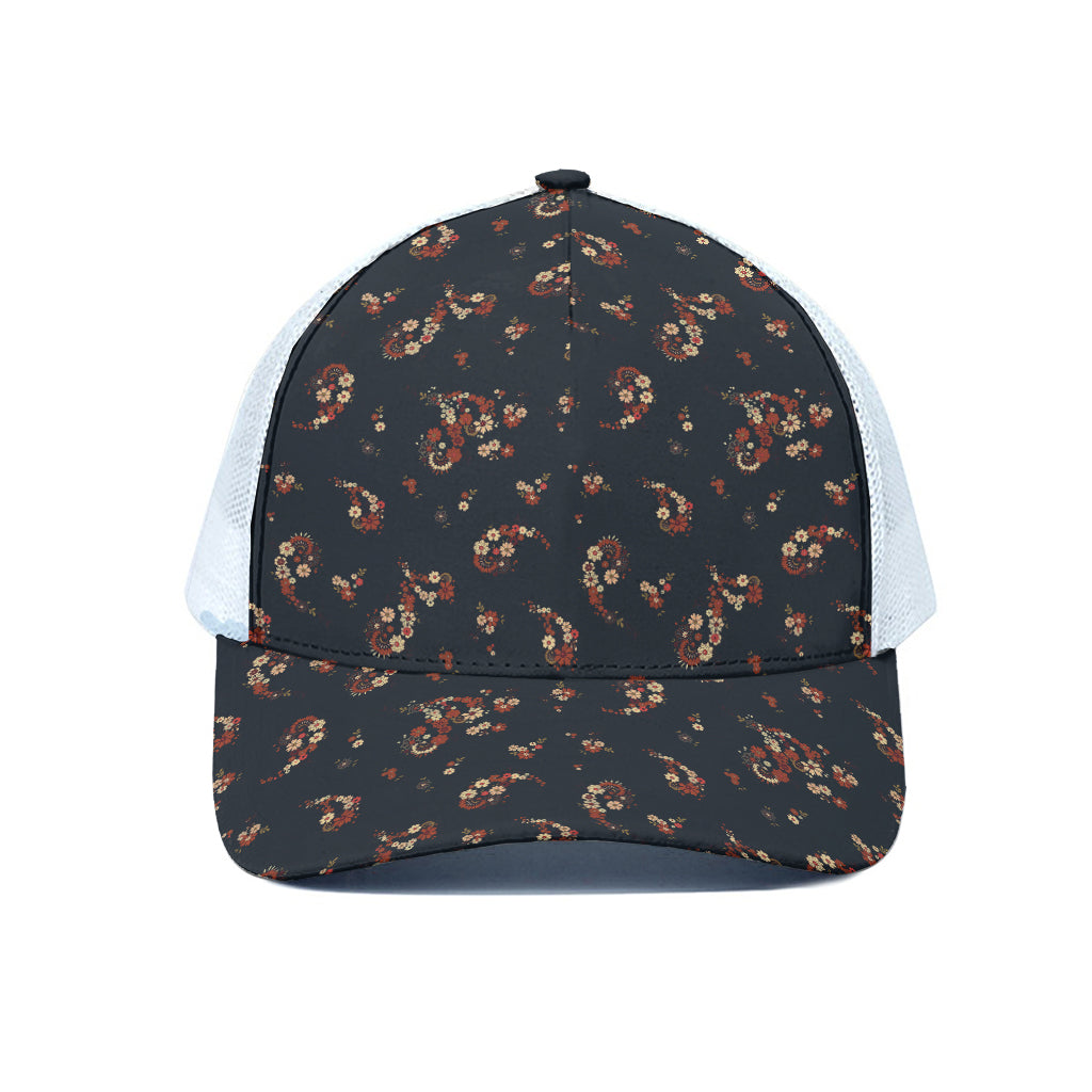 Boho Paisley Flower Pattern Print White Mesh Trucker Cap