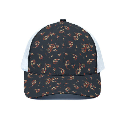 Boho Paisley Flower Pattern Print White Mesh Trucker Cap