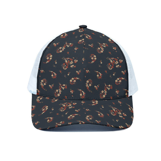 Boho Paisley Flower Pattern Print White Mesh Trucker Cap