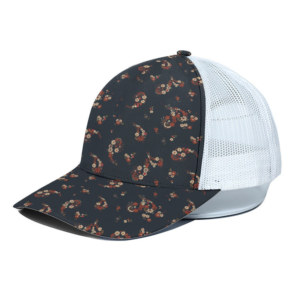 Boho Paisley Flower Pattern Print White Mesh Trucker Cap