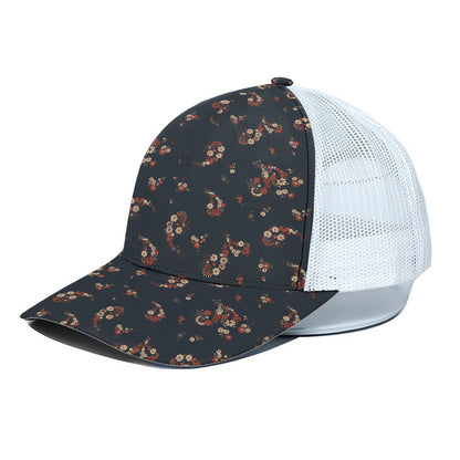 Boho Paisley Flower Pattern Print White Mesh Trucker Cap