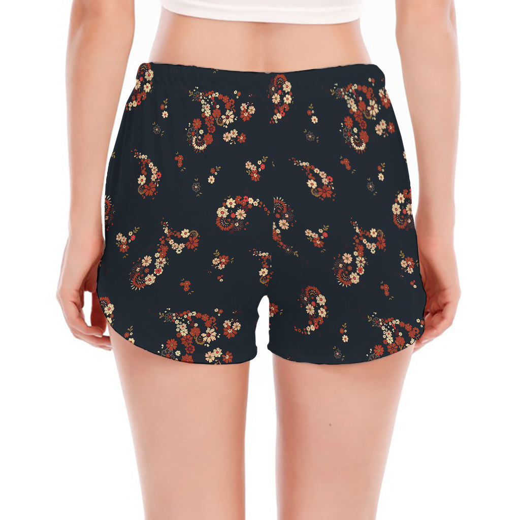 Boho Paisley Flower Pattern Print Women's Split Running Shorts