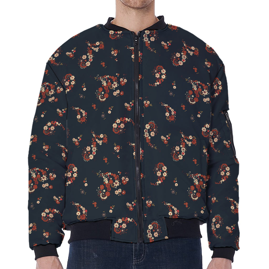 Boho Paisley Flower Pattern Print Zip Sleeve Bomber Jacket