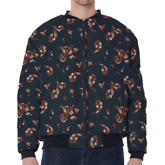 Boho Paisley Flower Pattern Print Zip Sleeve Bomber Jacket