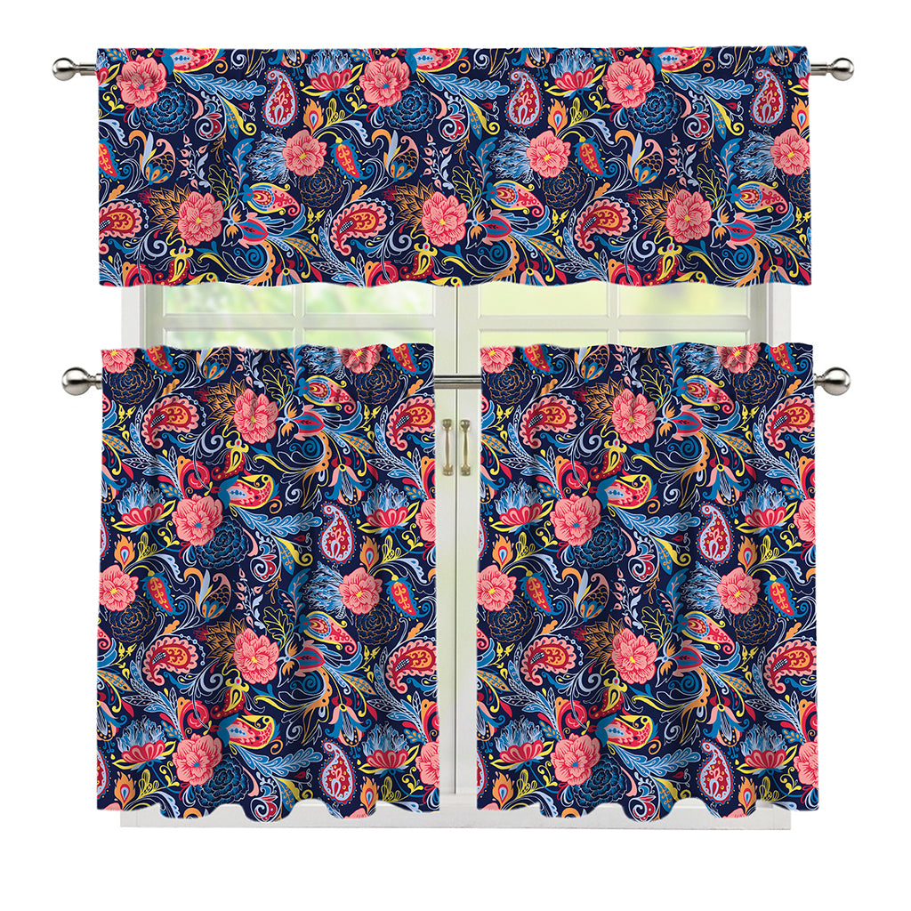 Boho Paisley Pattern Print 3 Piece Kitchen Curtains