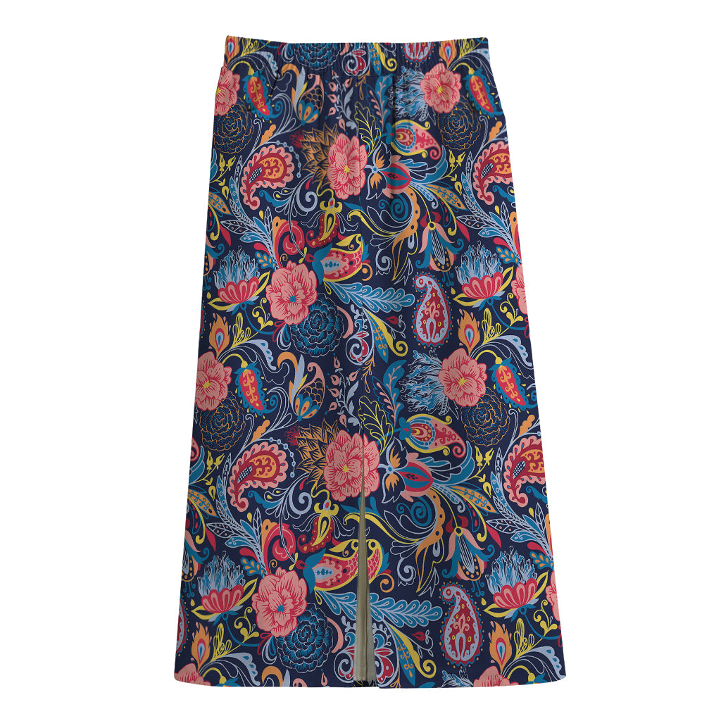 Boho Paisley Pattern Print Cotton Front Slit Maxi Skirt