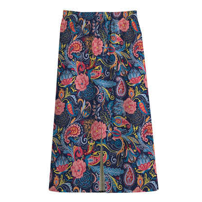 Boho Paisley Pattern Print Cotton Front Slit Maxi Skirt