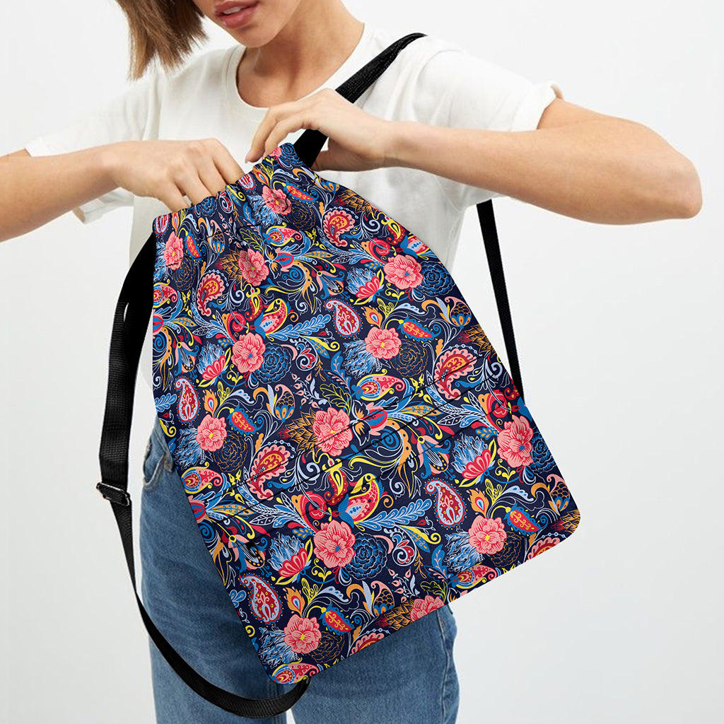 Boho Paisley Pattern Print Drawstring Backpack