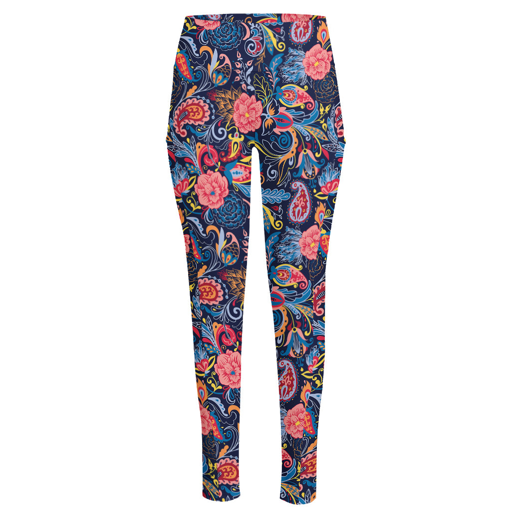 Boho Paisley Pattern Print High-Waisted Pocket Leggings