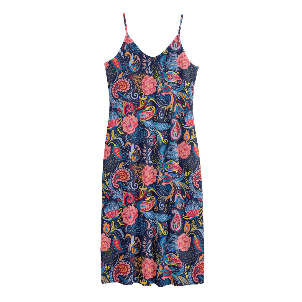 Boho Paisley Pattern Print Jersey Midi Cami Dress
