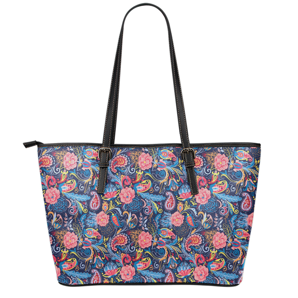 Boho Paisley Pattern Print Leather Tote Bag