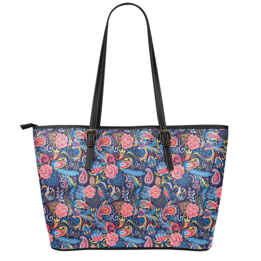 Boho Paisley Pattern Print Leather Tote Bag