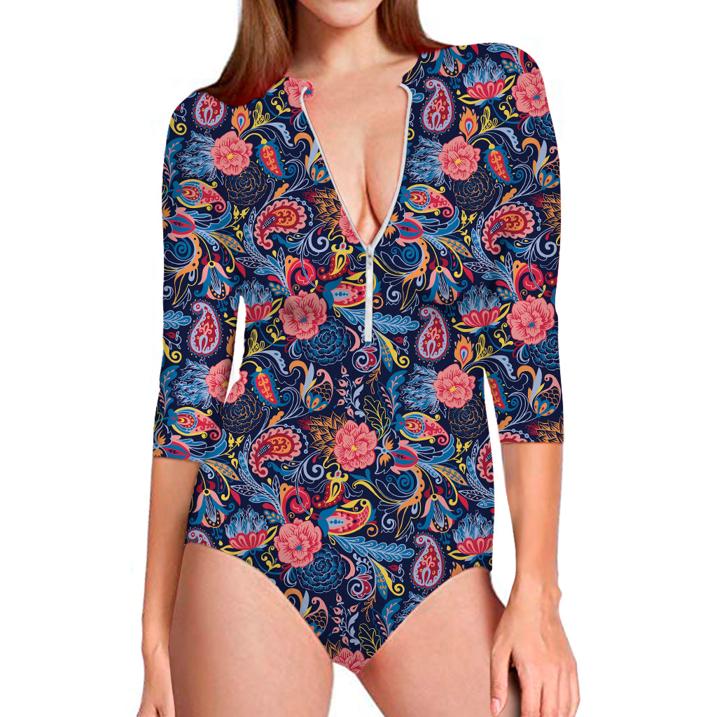 Boho Paisley Pattern Print Long Sleeve Swimsuit