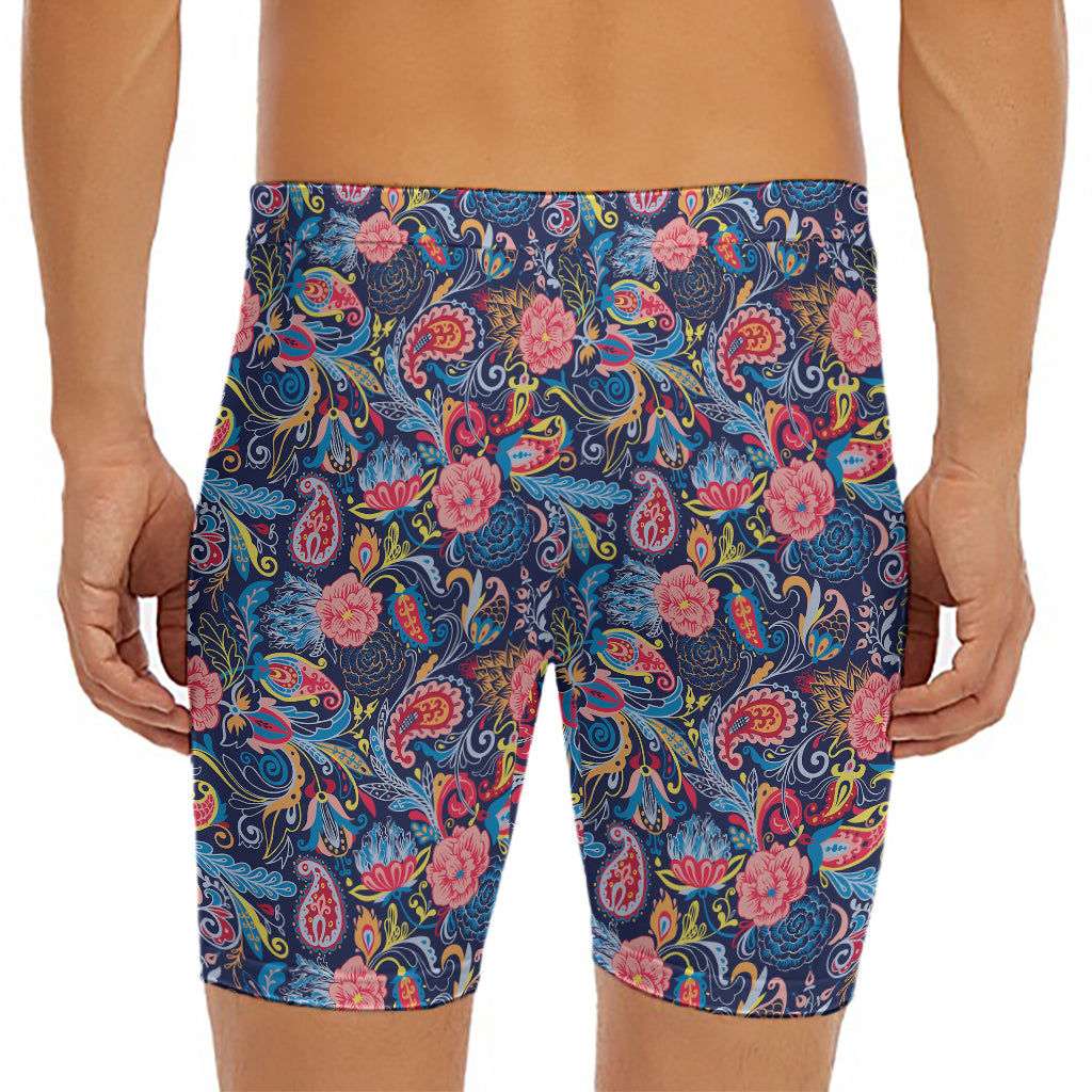 Boho Paisley Pattern Print Men's Long Boxer Briefs