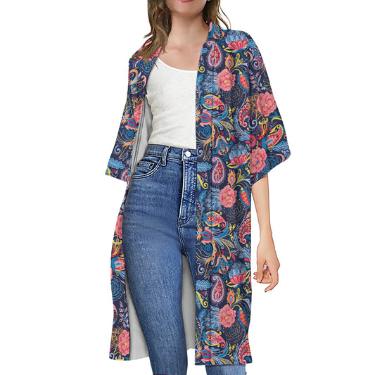 Boho Paisley Pattern Print Open Front Beach Cover Up